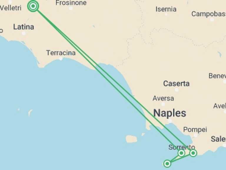 Map itinerary of Lazio Tour in Fall with 5 destination visits for the trip: Jewels of the Amalfi Coast