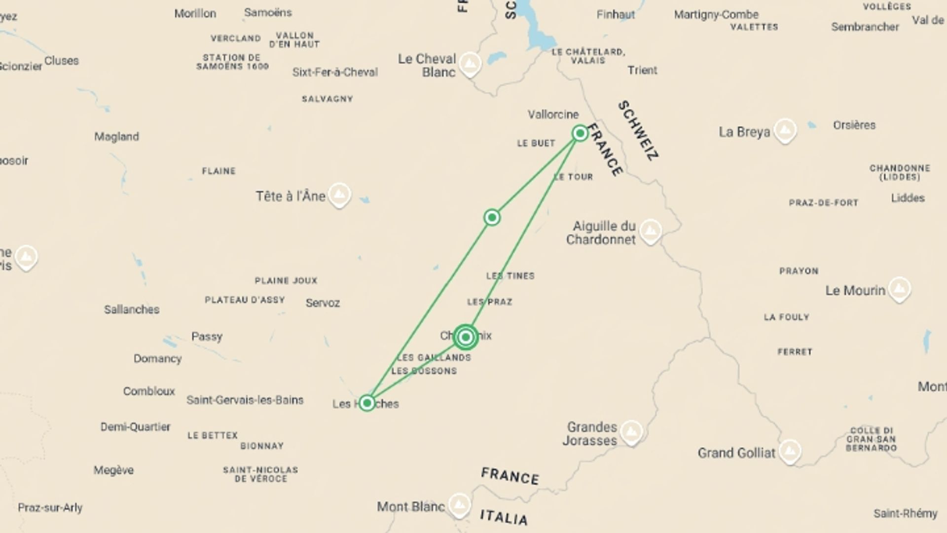 A map showing the tour itinerary for the trip: Mont Blanc Walks – Short Break, starting in Chamonix, France and ending in Chamonix, France going through 3 other destinations.