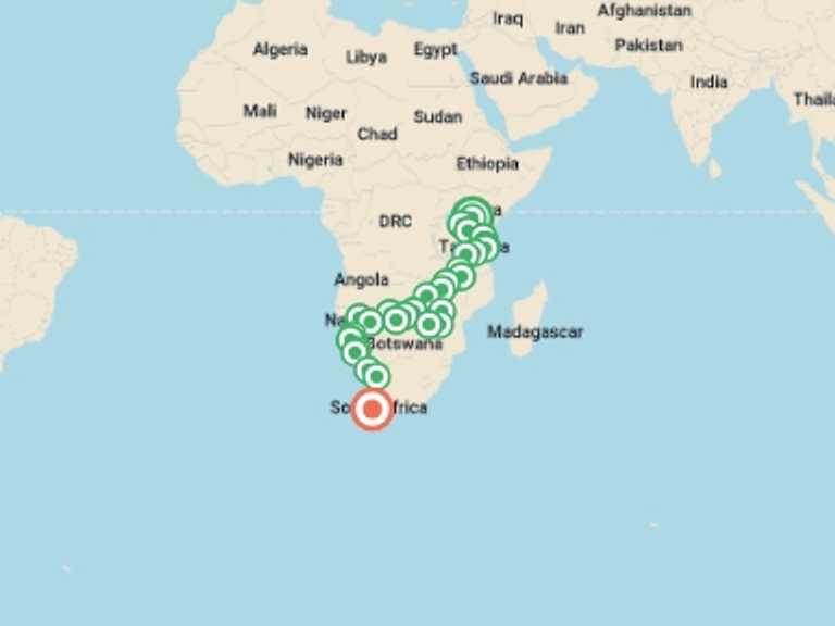 Map of Africa Wildlife safaris and game drives Tour with 29 destination visits for the trip: Kenya to Cape Town