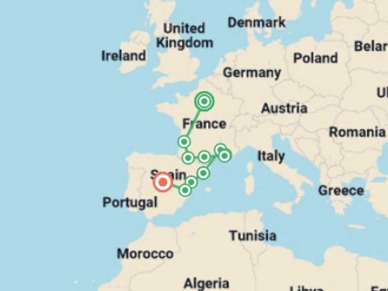 Map itinerary of Europe Tour in January 2027 with 5 destination visits for the trip: Paris, Lourdes, Côte d Azur, Provence and Barcelona with Madrid