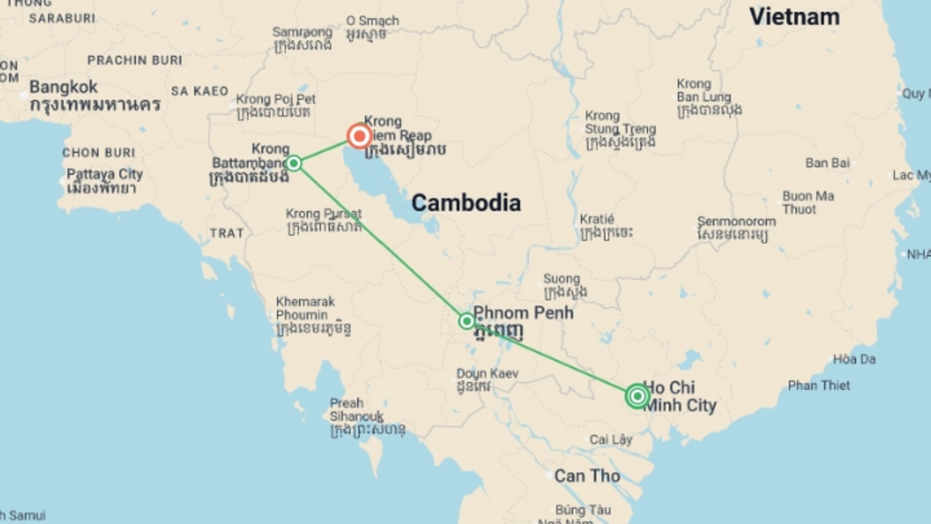 A map showing the tour itinerary for the trip: Highlights of Cambodia, starting in Ho Chi Minh City, Vietnam and ending in Siem Reap, Cambodia going through 3 other destinations.