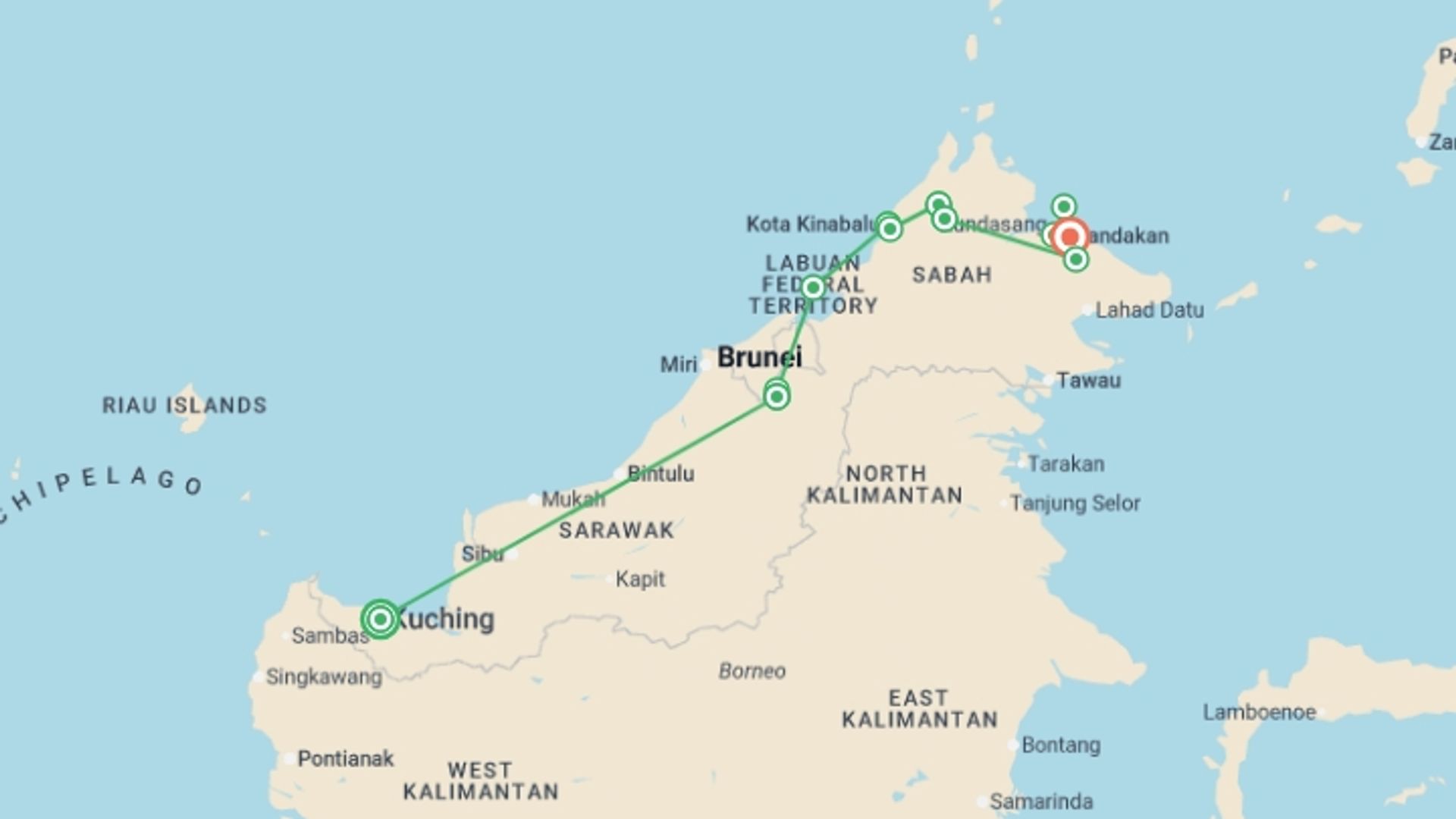 A map showing the tour itinerary for the trip: Best of Borneo, starting in Kuching, Malaysia and ending in Sandakan, Malaysia going through 10 other destinations.