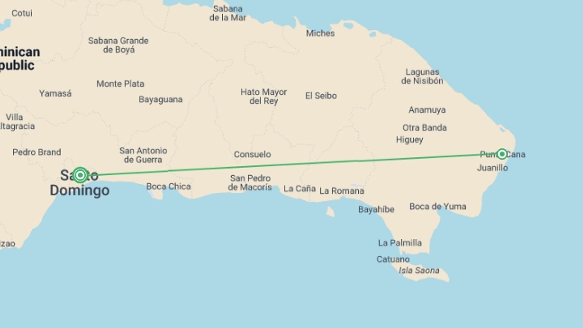 A map showing the tour itinerary for the trip: Dominican Republic Explorer 7D/6N, starting in Santo Domingo, Dominican Republic and ending in Santo Domingo, Dominican Republic going through 1 other destinations.