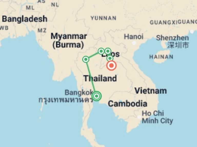 Map itinerary of Bangkok Tour in March 2027 with 7 destination visits for the trip: Real Thailand & Laos