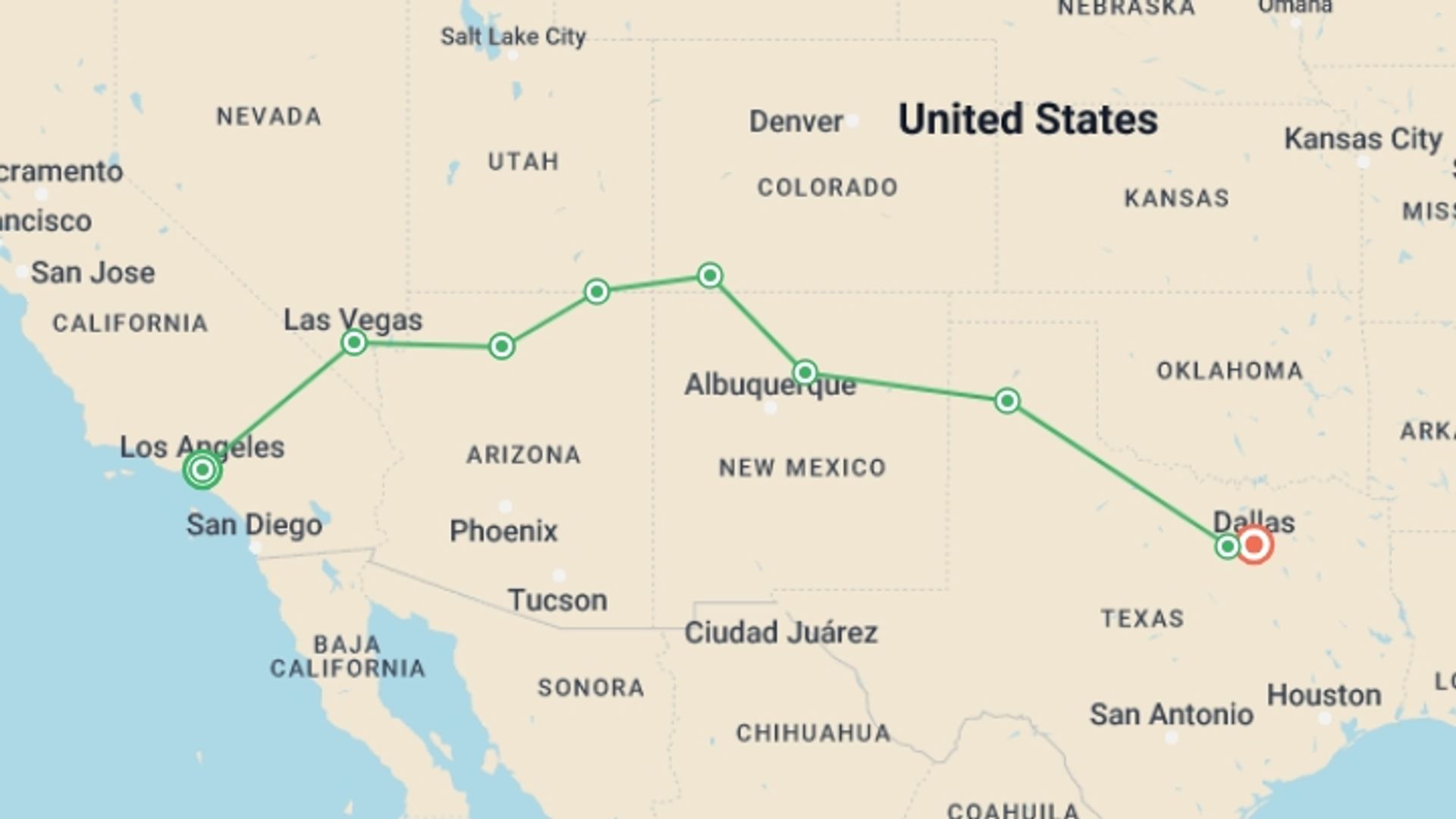 A map showing the tour itinerary for the trip: USA: LA to Dallas, starting in Los Angeles, USA and ending in Dallas, USA going through 7 other destinations.