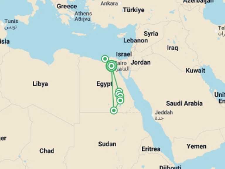 Map itinerary of Mediterranean Tour in March 2027 with 5 destination visits for the trip: Land of Pharaohs
