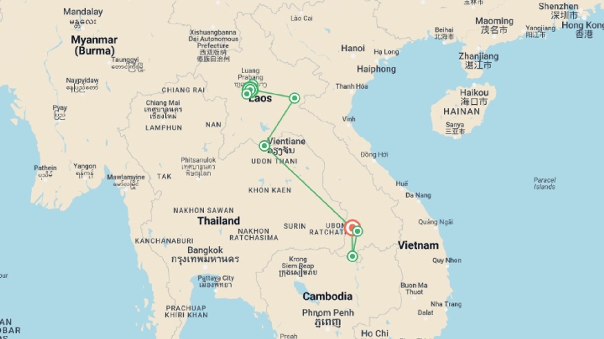 A map showing the tour itinerary for the trip: Incredible Laos Premium Tour, starting in Luang Prabang, Laos and ending in Pakse, Laos going through 3 other destinations.