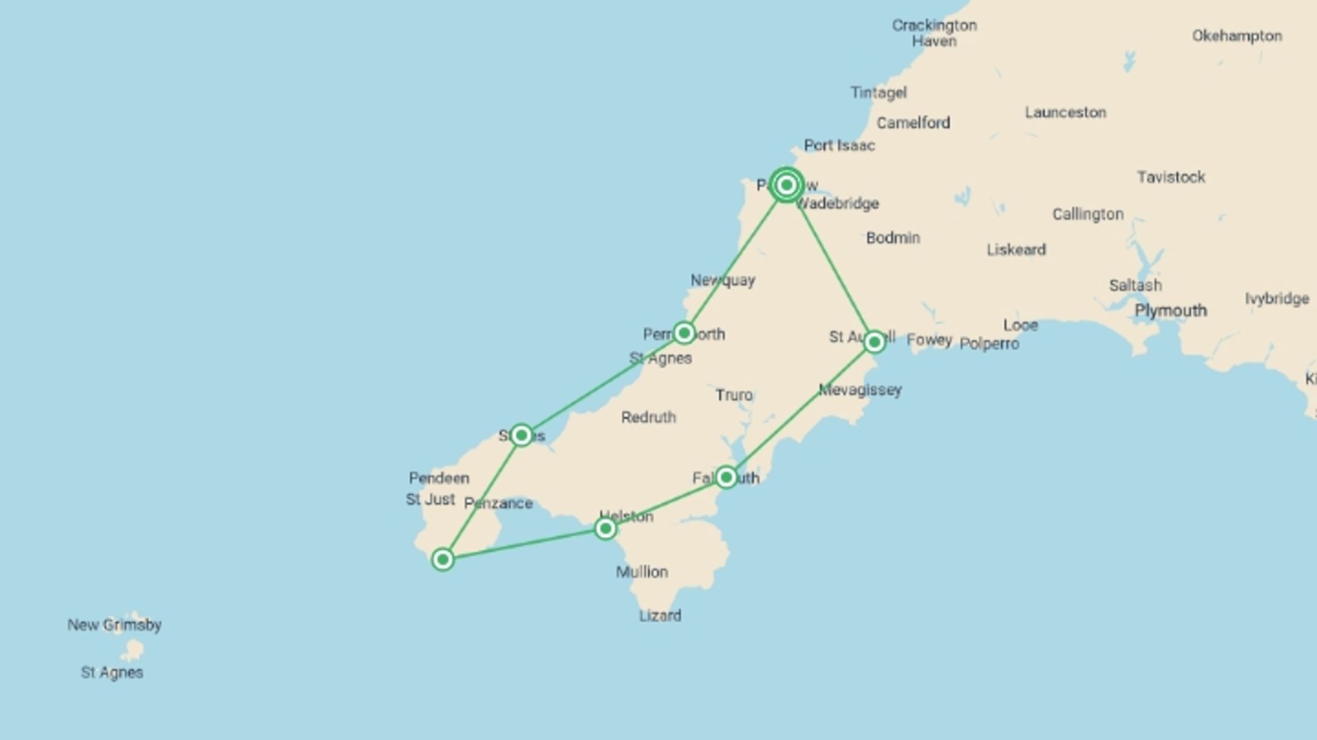 A map showing the tour itinerary for the trip: Cornish Cycle Tour, starting in Padstow, England and ending in Padstow, England going through 6 other destinations.
