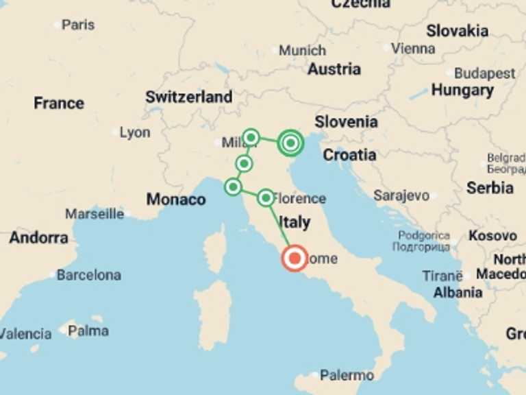 Map itinerary of Italy Tour in September 2026 with 6 destination visits for the trip: Essential Italy