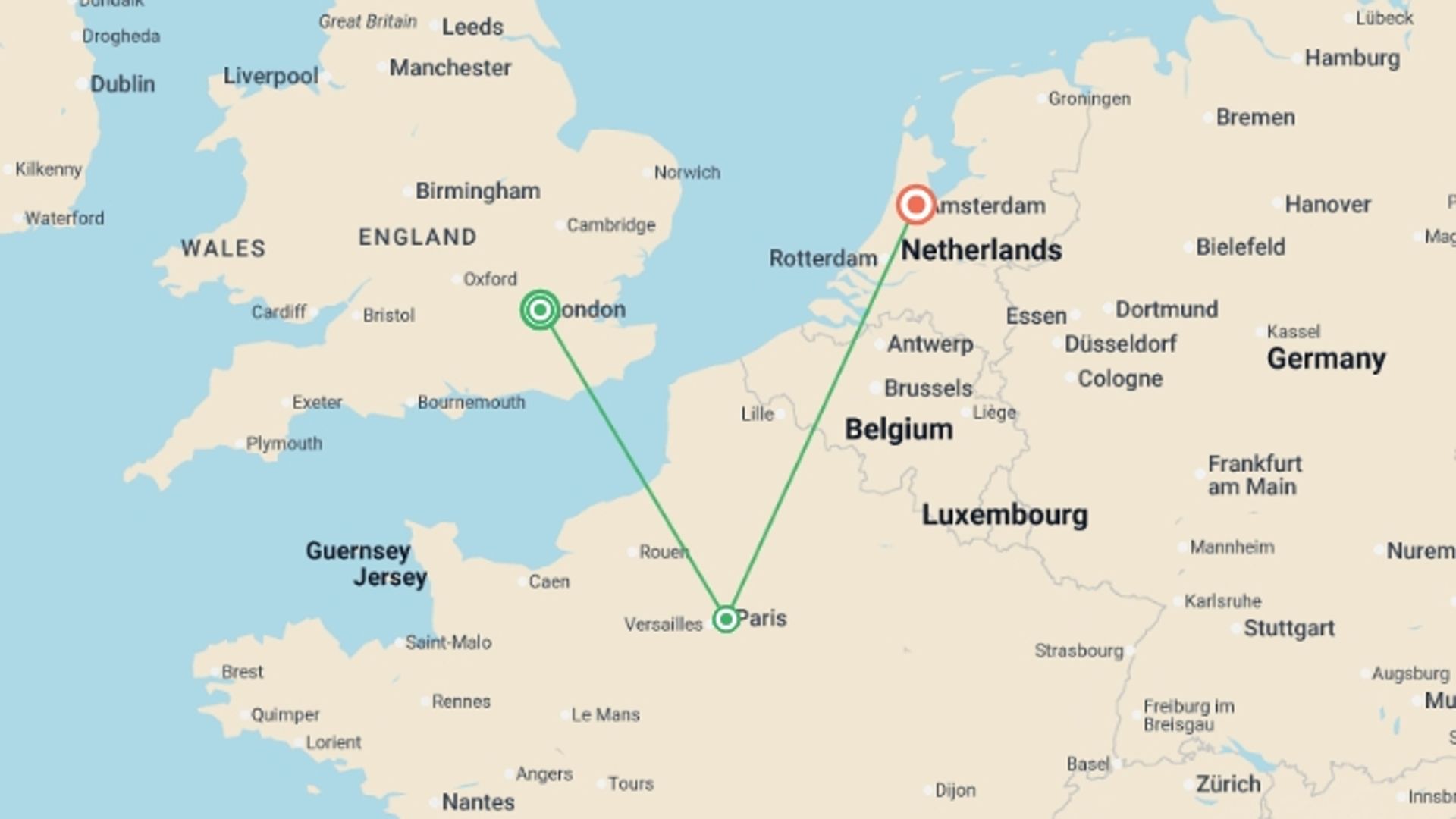 A map showing the tour itinerary for the trip: London Paris and Amsterdam by Rail, starting in London, England and ending in Amsterdam, Holland going through 1 other destinations.