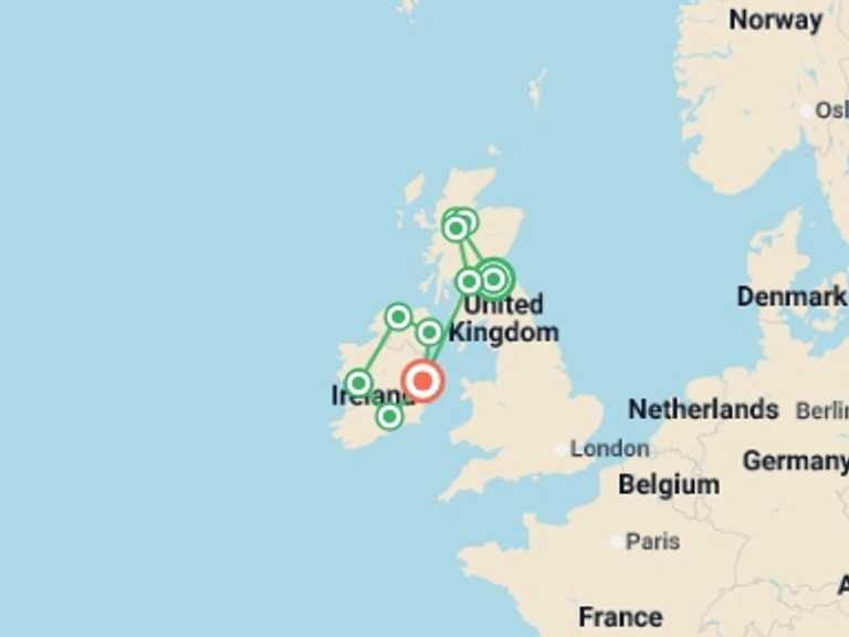 Map itinerary of Europe Tour in January 2027 with 8 destination visits for the trip: Scotland and Ireland