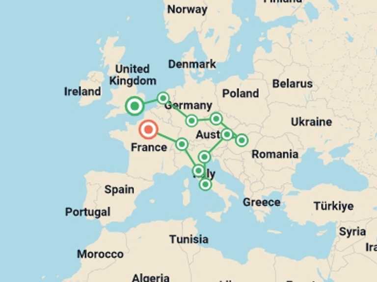 Map itinerary of Europe Tour in May 2026 with 11 destination visits for the trip: Romantic European