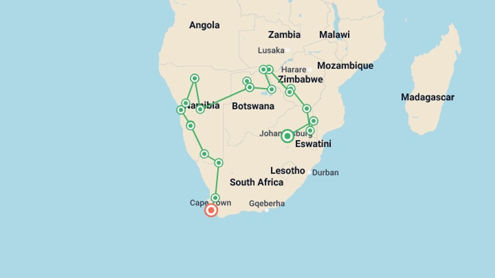 A map showing the tour itinerary for the trip: 25-day Kruger  Victoria Falls to Cape Town Camping, starting in Pretoria, South Africa and ending in Cape Town, South Africa going through 18 other destinations.