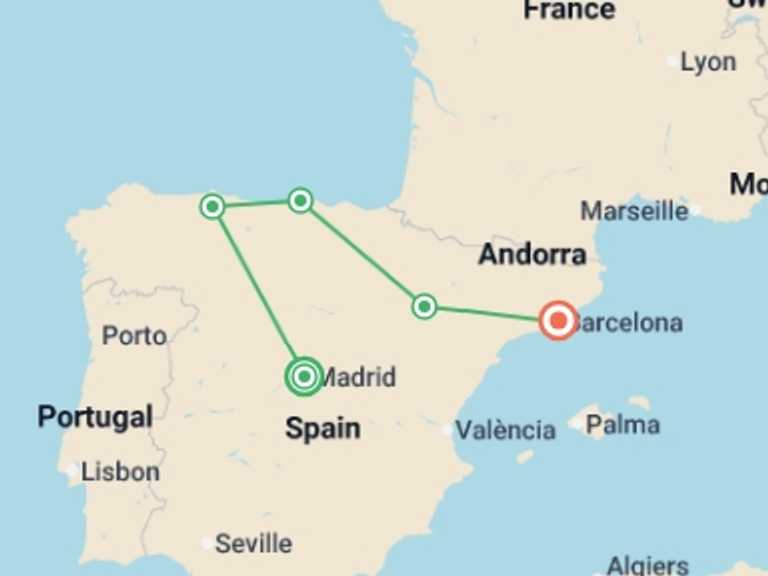 Map itinerary of Spain Tour in March 2027 with 5 destination visits for the trip: Spanish Bliss end Barcelona