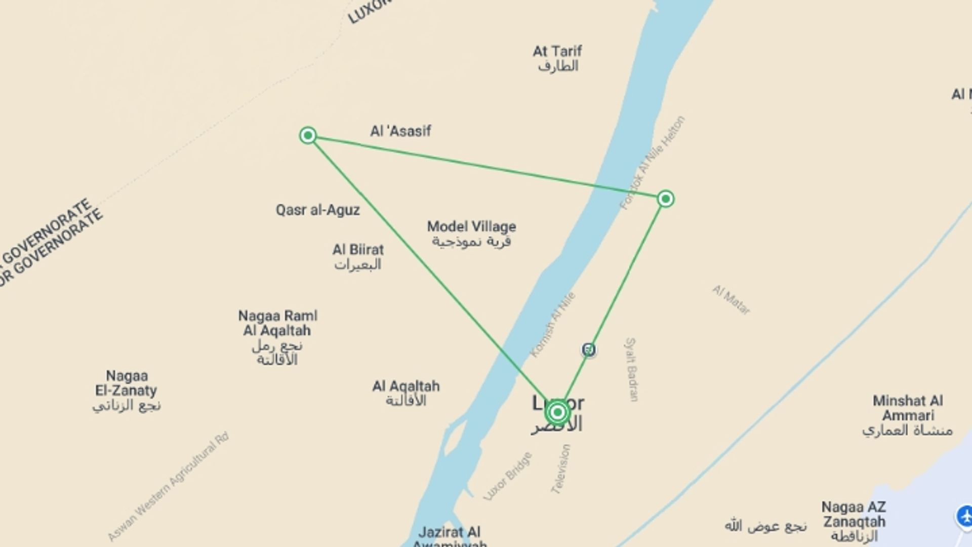 A map showing the tour itinerary for the trip: Luxor City Stay 5 star - 5 days, starting in Luxor, Egypt and ending in Luxor, Egypt going through 2 other destinations.