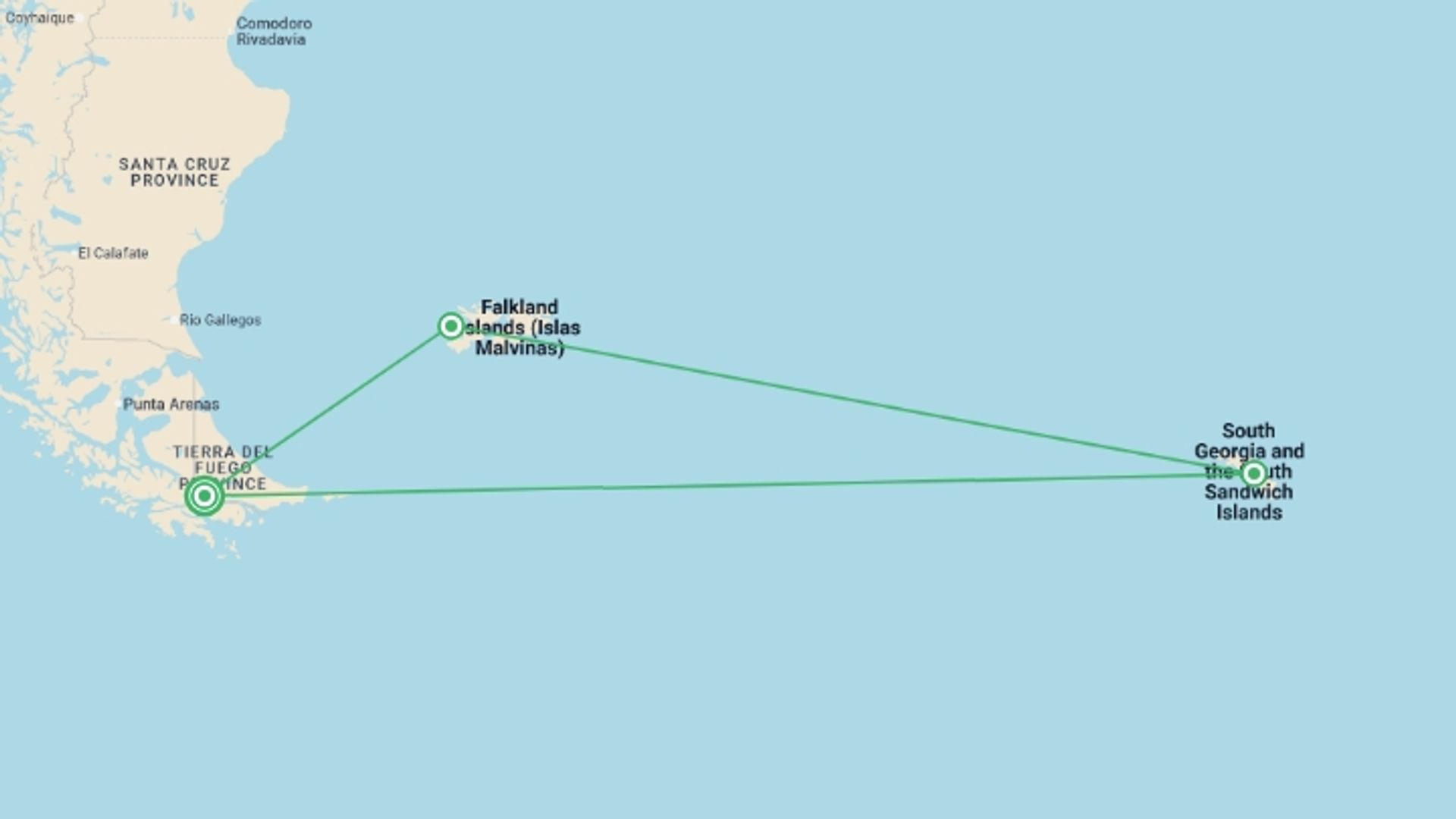 A map showing the tour itinerary for the trip: Penguins of the Far South: Falklands, South Georgia & Antarctica, starting in Ushuaia, Argentina and ending in Ushuaia, Argentina going through 2 other destinations.