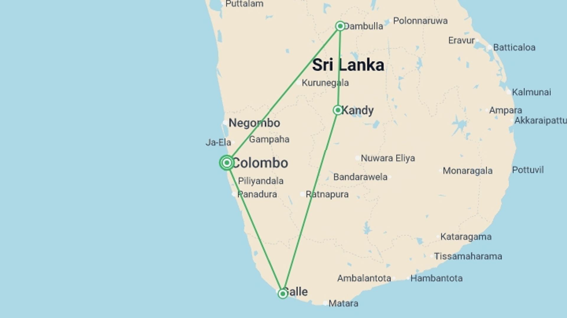 A map showing the tour itinerary for the trip: Sri Lanka In A Nutshell, Private Tour, starting in Colombo, Sri Lanka and ending in Colombo, Sri Lanka going through 4 other destinations.