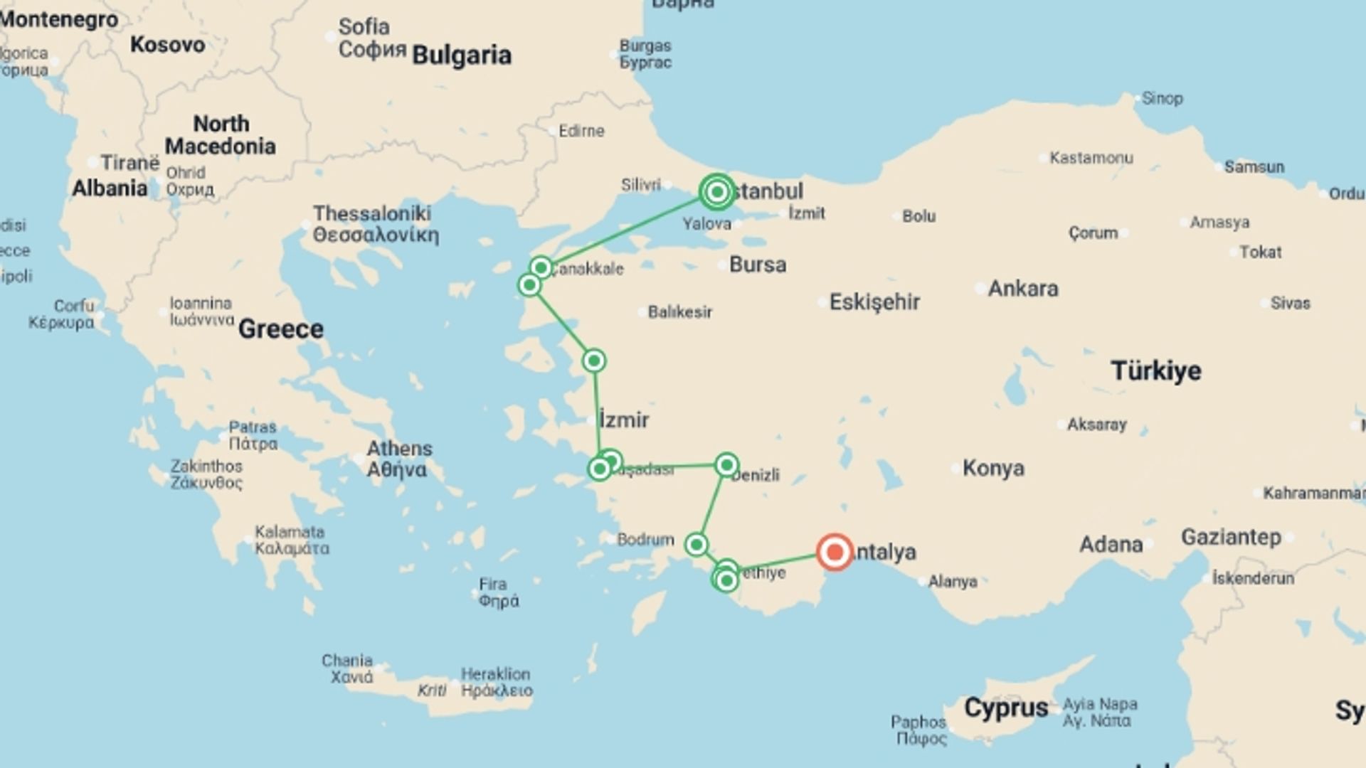 A map showing the tour itinerary for the trip: Best of Turkey - 11 days, starting in Istanbul, Turkey and ending in Antalya, Turkey going through 4 other destinations.