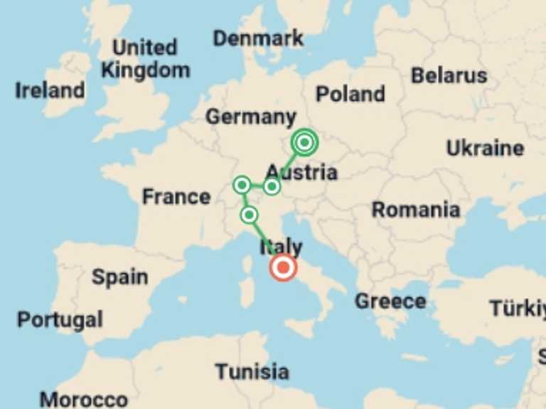 Map itinerary of Europe Tour in Fall with 5 destination visits for the trip: Majestic Europe GO