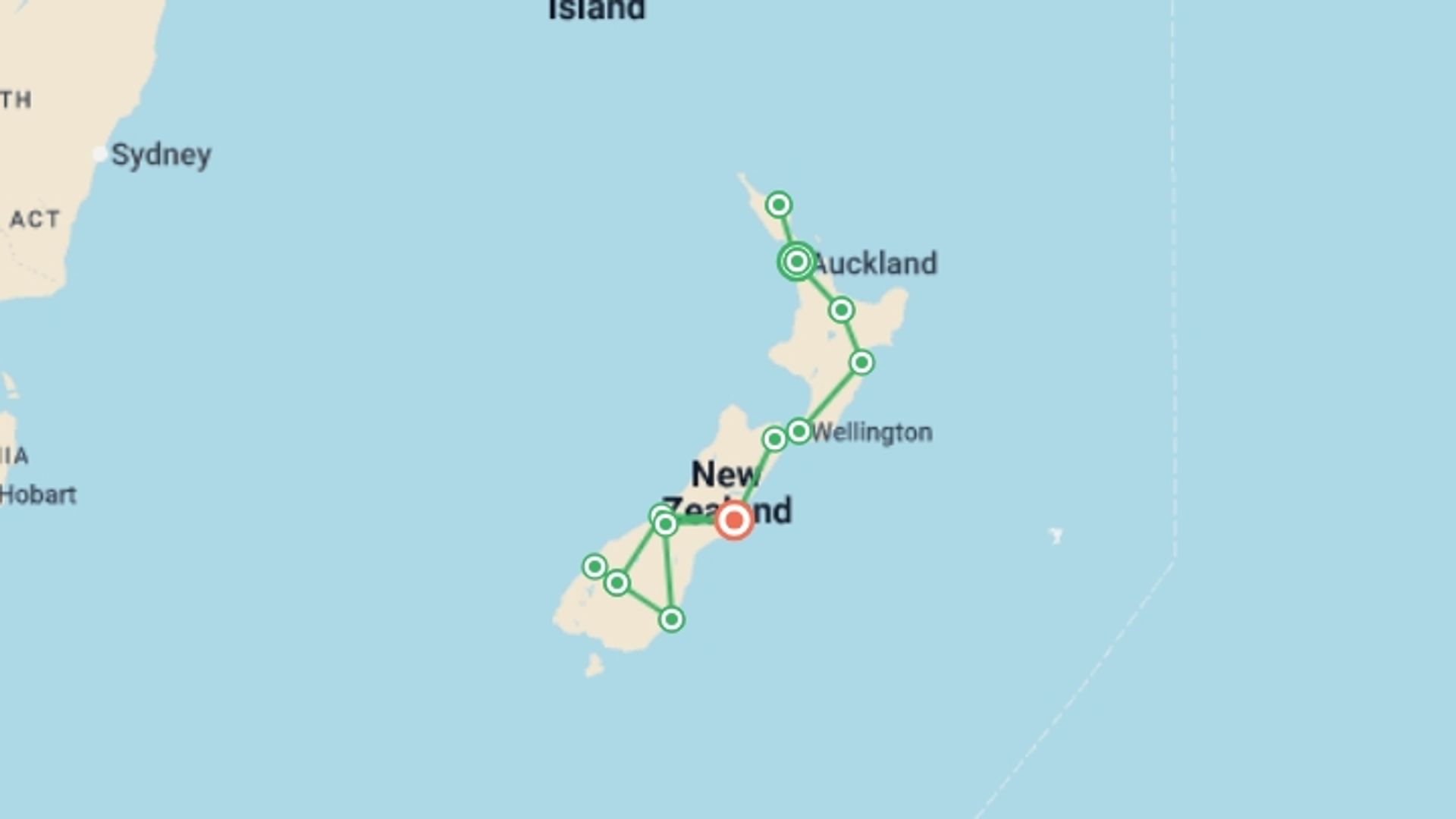 A map showing the tour itinerary for the trip: Ultimate New Zealand, starting in Auckland, New Zealand and ending in Christchurch, New Zealand going through 10 other destinations.