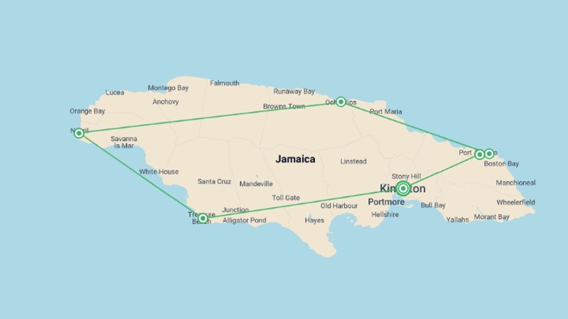 A map showing the tour itinerary for the trip: Explore Jamaica, starting in Kingston, Jamaica and ending in Kingston, Jamaica going through 6 other destinations.