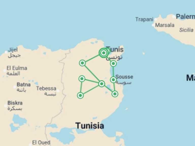 Map itinerary of Tunisia Tour in February 2027 with 3 destination visits for the trip: Step Back Into The Millennium, Small Group Tour