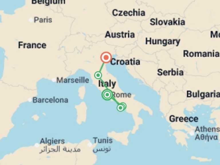 Map of Venice Explorer Tour with 5 destination visits for the trip: Essence of Italy: Rome, Sorrento, and Venice
