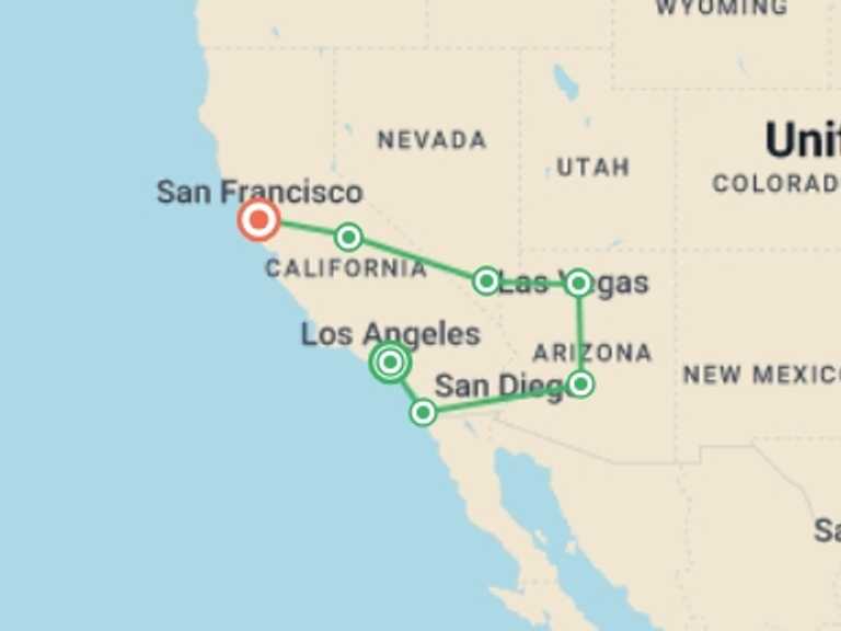 Map of Los Angeles Adventure Tour with 7 destination visits for the trip: LA to the Bay