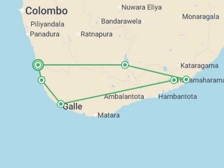 Map of a Active and outdoor Tour with 2 destination visits for the trip: Yala & Galle 2 Days, Private Tour