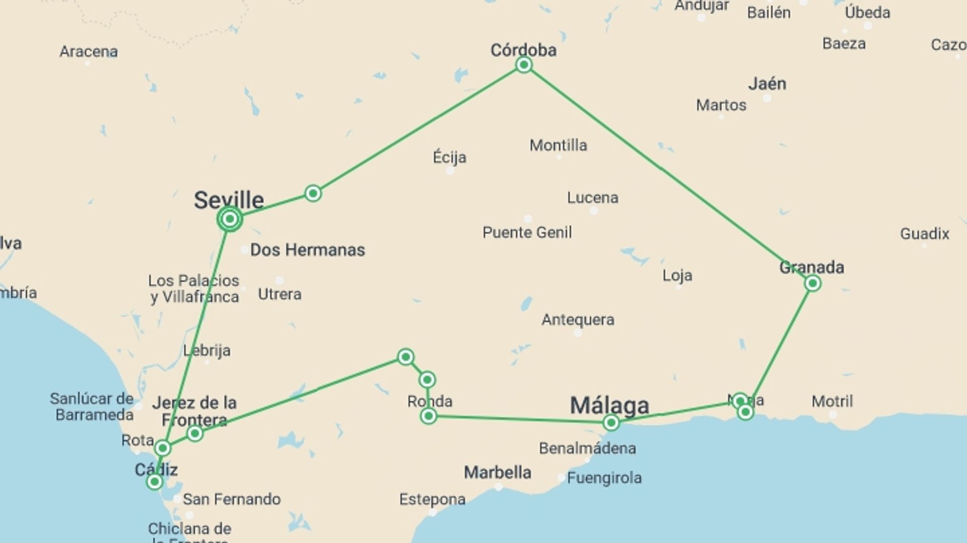 A map showing the tour itinerary for the trip: Discovering the Soul of Andalusia, starting in Seville, Spain and ending in Seville, Spain going through 4 other destinations.