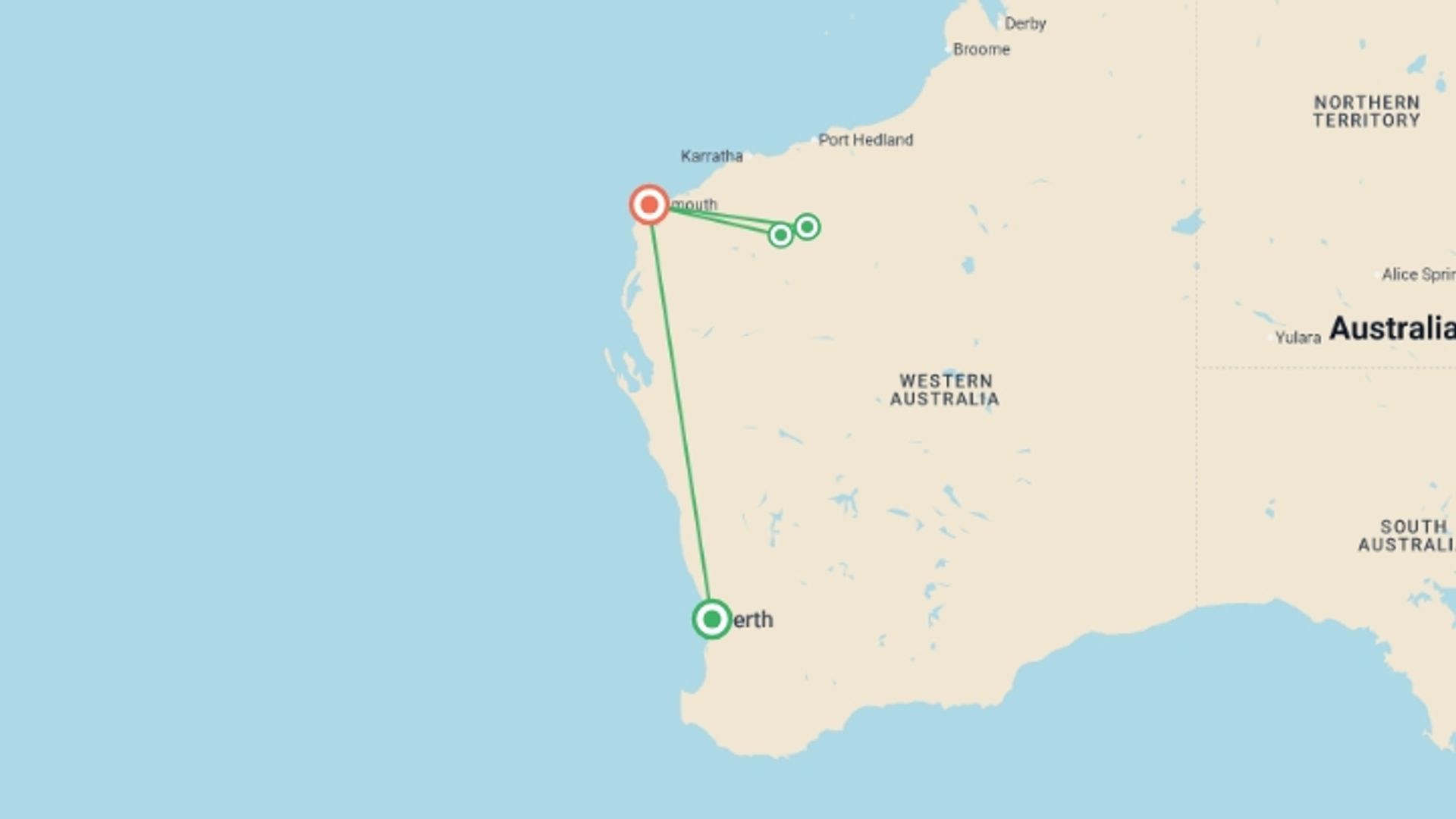 A map showing the tour itinerary for the trip: Karijini National Park, Stations & Ningaloo Reef 6 Day, starting in Perth, Australia and ending in Exmouth, Australia going through 3 other destinations.