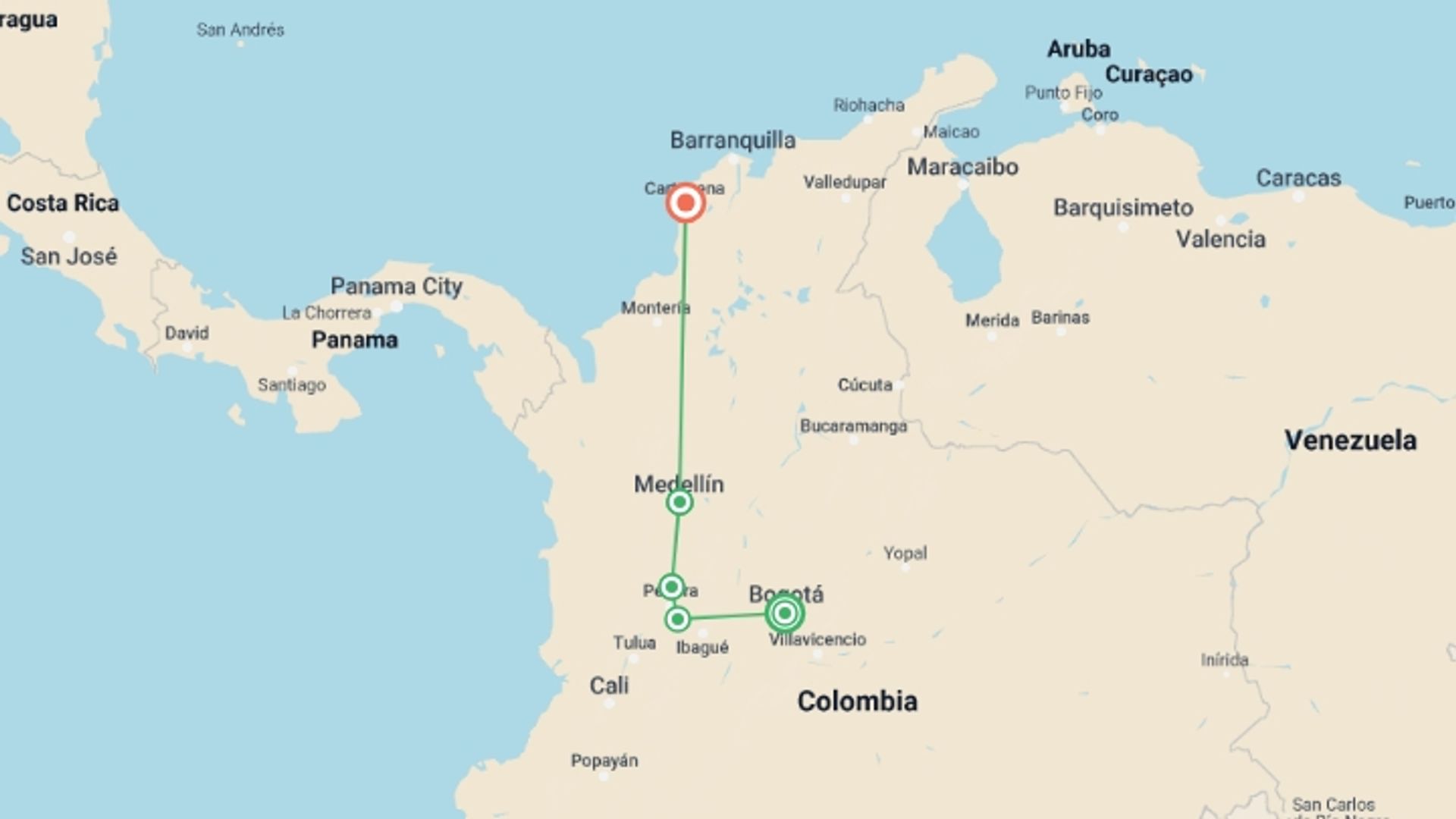 A map showing the tour itinerary for the trip: Cafe Colombia, starting in Bogota, Colombia and ending in Cartagena, Colombia going through 3 other destinations.