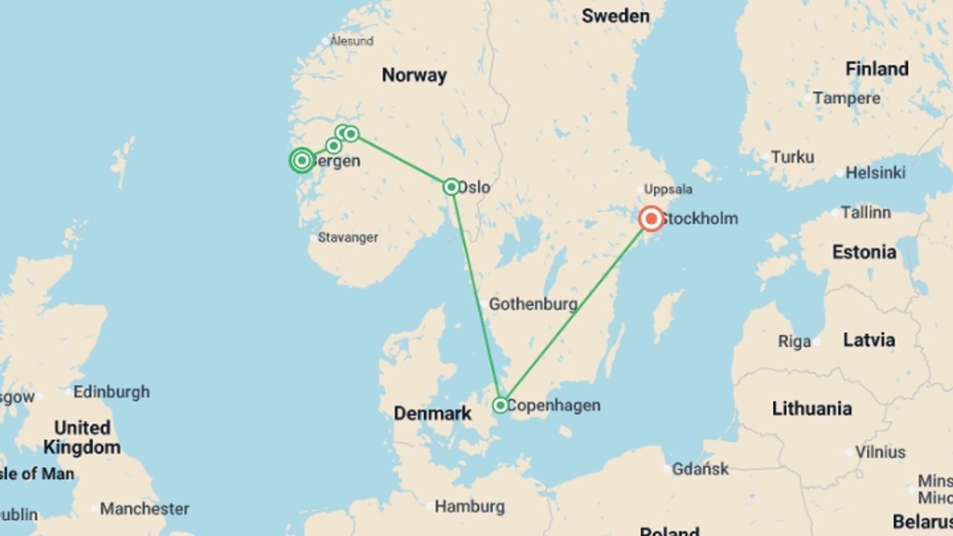 A map showing the tour itinerary for the trip: Discover Scandinavia, starting in Bergen, Norway and ending in Stockholm, Sweden going through 3 other destinations.