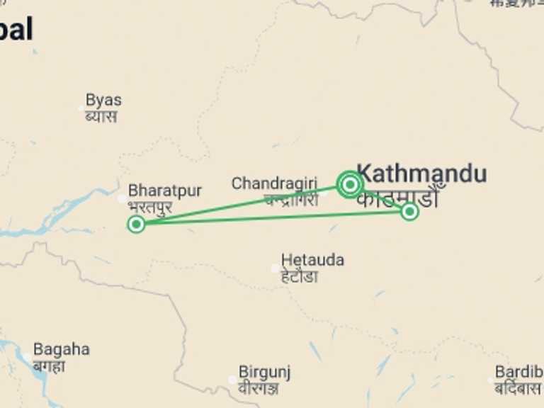 Map itinerary of Asia Tour in Fall with 3 destination visits for the trip: Signature: Nepal’s Himalayan Peaks, Kathmandu & Chitwan