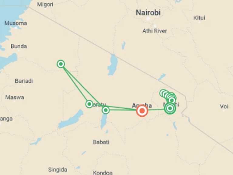 Map of Tanzania Tour with 13 destination visits for the trip: Kilimanjaro - Lemosho Route & Serengeti Adventure