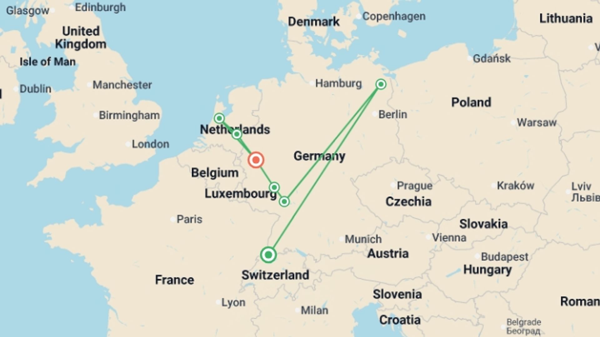 A map showing the tour itinerary for the trip: Magical Rhine Cruise - Basel to Cologne, starting in Basel, Switzerland and ending in Cologne, Germany going through 5 other destinations.