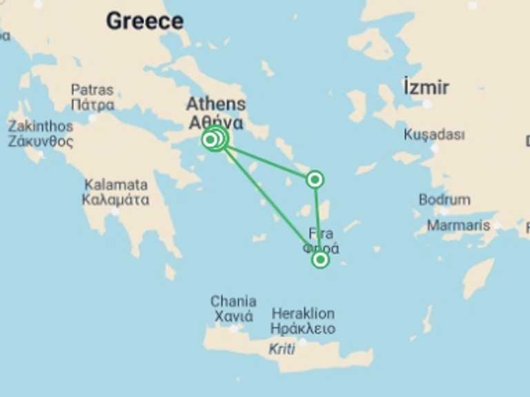 Map of 10-Day Santorini Tour with 3 destination visits for the trip: Cycladic Explorer: Athens – Mykonos – Santorini | 10 Days