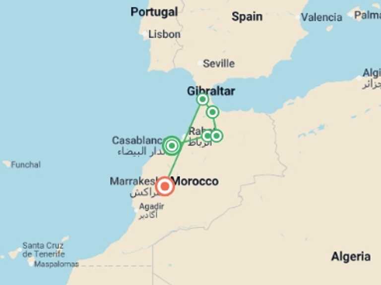 Map itinerary of Chefchaouen Tour in April 2027 with 6 destination visits for the trip: North Morocco Adventure