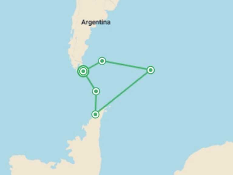 Map itinerary of Ushuaia Tour in November 2025 with 5 destination visits for the trip: Falklands, South Georgia and Antarctica: Explorers and Kings
