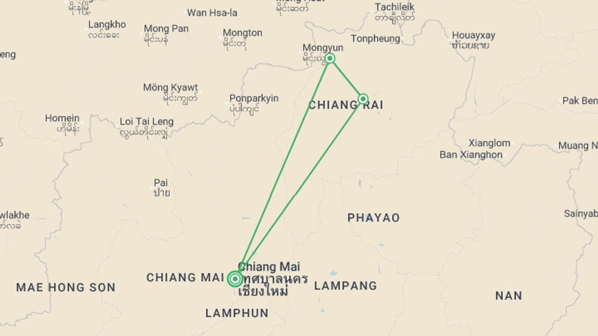A map showing the tour itinerary for the trip: Thailand Independent Short Break: Chiang Mai & Golden Triangle, starting in Chiang Mai, Thailand and ending in Chiang Mai, Thailand going through 2 other destinations.