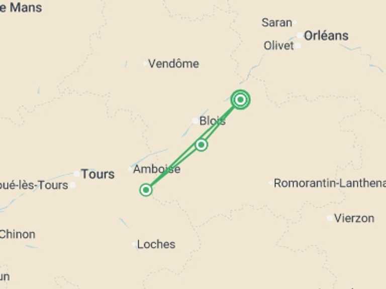 Map itinerary of Europe Tour in May 2026 with 3 destination visits for the trip: Loire Valley Cycle