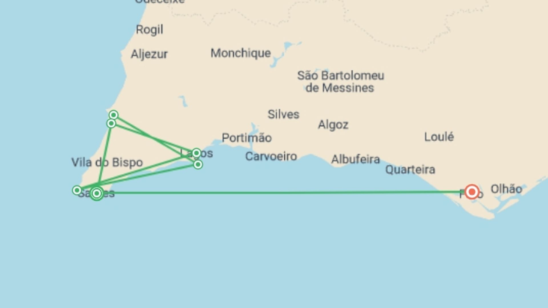 A map showing the tour itinerary for the trip: Walking in Portugal - Remote Coastal Trails, starting in Sagres, Portugal and ending in Faro, Portugal going through 5 other destinations.