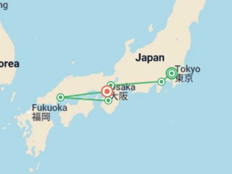 Map itinerary of Asia Tour in March 2027 with 6 destination visits for the trip: Legend of Japan