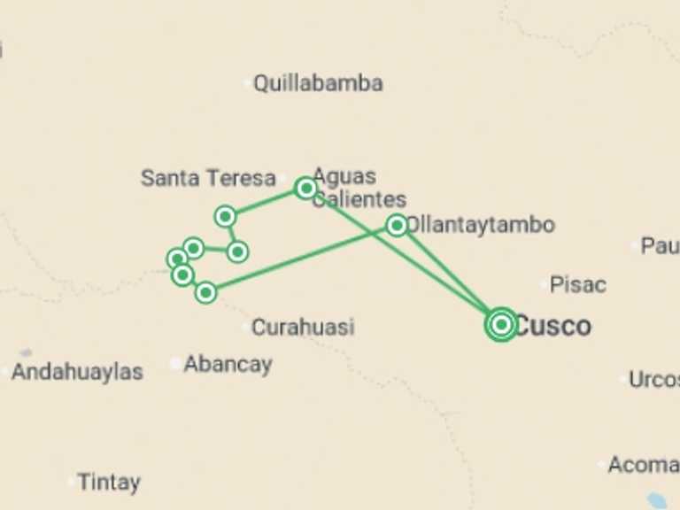 Map of South America Tour with 10 destination visits for the trip: Inca Rivers Trek - Choquequirao to Machu Picchu
