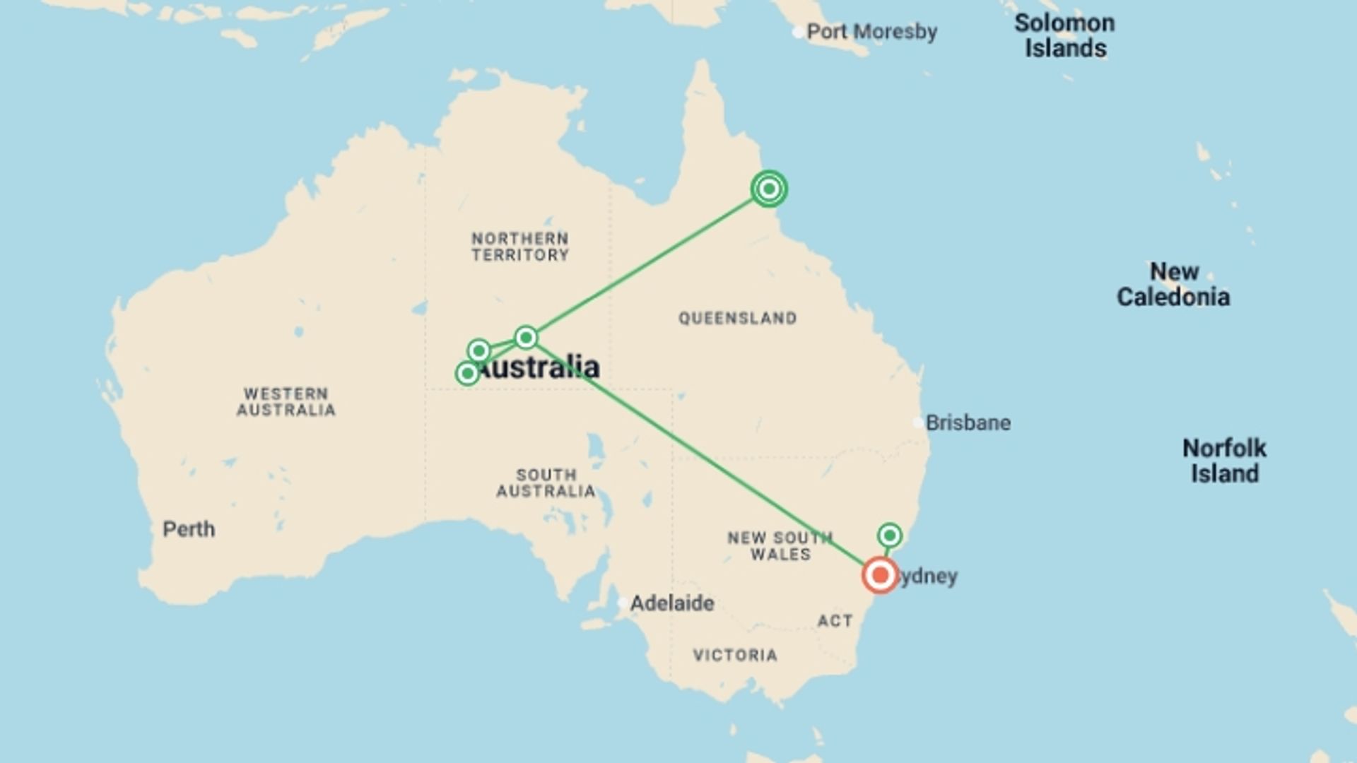 A map showing the tour itinerary for the trip: Inspiring Australia, starting in Cairns, Australia and ending in Sydney and NSW, Australia going through 5 other destinations.