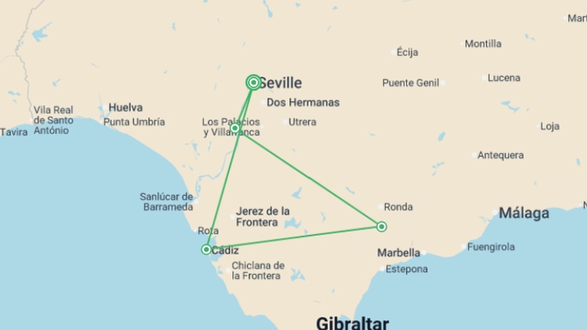 A map showing the tour itinerary for the trip: Amazing Andalusia: Enchanting Villages, Traditional Architecture, and Fabulous Cuisine (port-to-port cruise), starting in Seville, Spain and ending in Seville, Spain going through 3 other destinations.