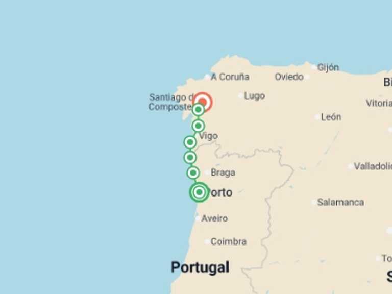 Map itinerary of Mediterranean Tour in June 2026 with 7 destination visits for the trip: Portuguese Coastal Camino Cycle - Porto to Santiago