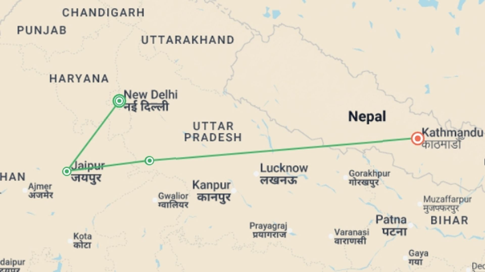 A map showing the tour itinerary for the trip: Classic India & Kathmandu (5 Star) - 10 days, starting in New Delhi, India and ending in Kathmandu, Nepal going through 3 other destinations.