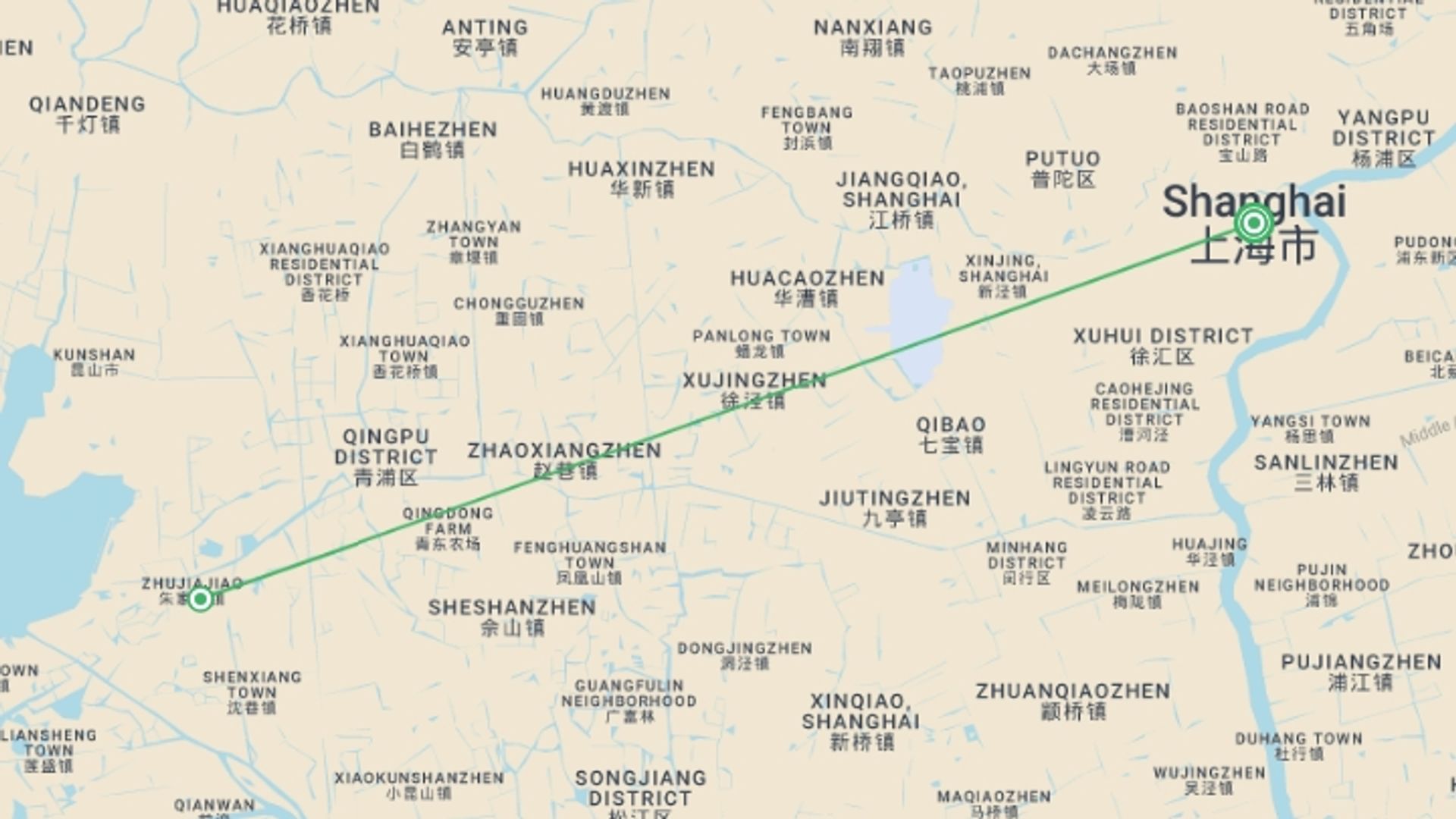 A map showing the tour itinerary for the trip: Shanghai City Break (Superior) - 4 days, starting in Shanghai, China and ending in Shanghai, China going through 1 other destinations.