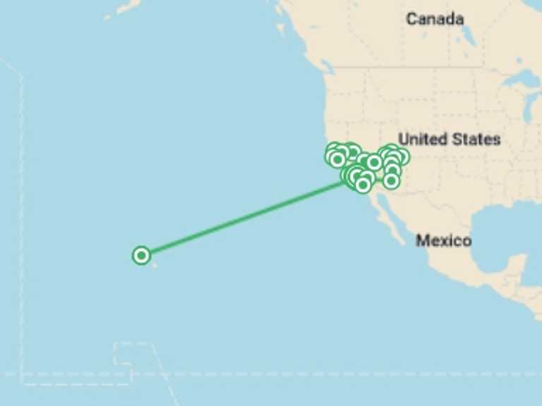 Map itinerary of USA Tour in February 2027 with 12 destination visits for the trip: Aloha Discovery - Honolulu Option with Airfare